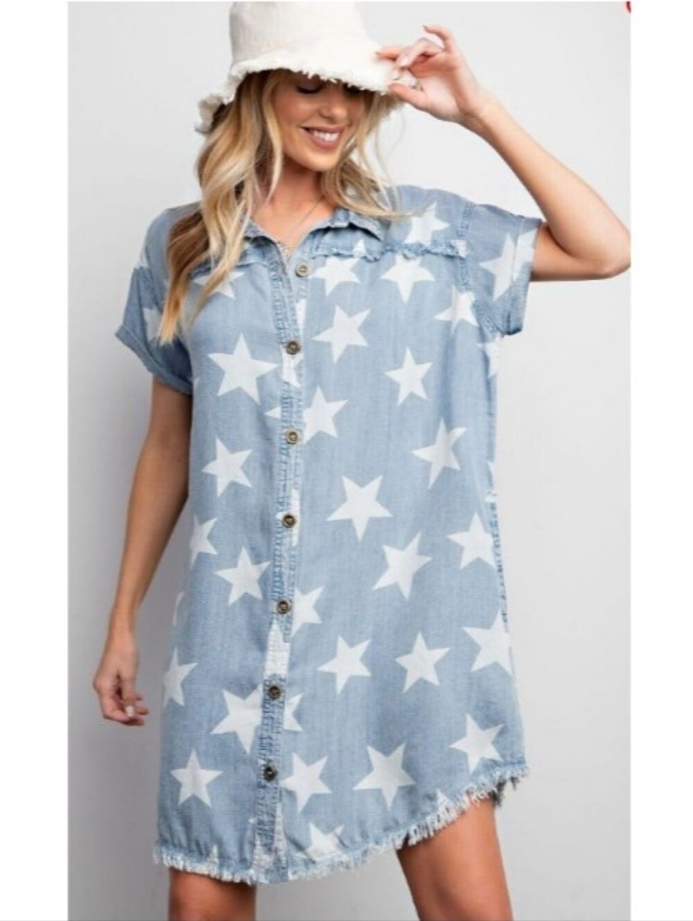 Easel Frayed Hem Collared Star Printed Shirtdress Nwot